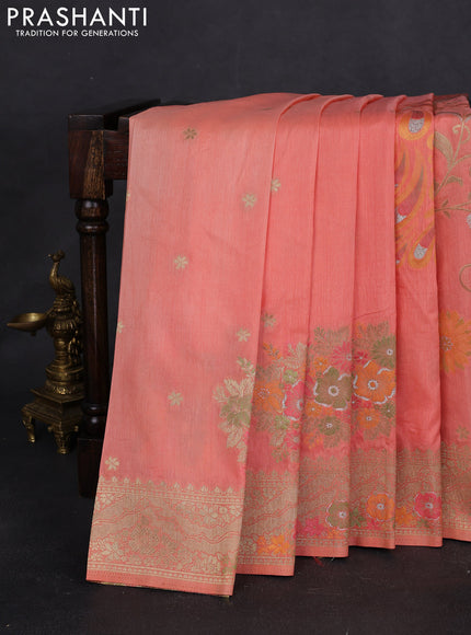 Semi raw silk saree peach orange and allover jamdhani weaves and zari woven border