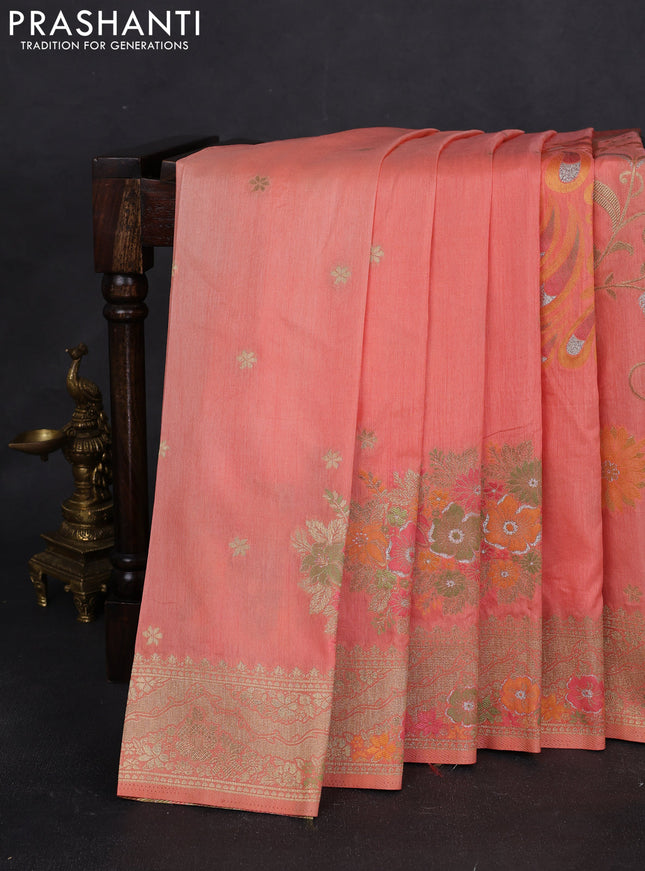Semi raw silk saree peach orange and allover jamdhani weaves and zari woven border