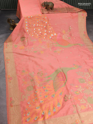 Semi raw silk saree peach orange and allover jamdhani weaves and zari woven border