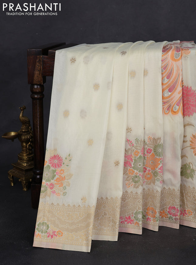 Semi raw silk saree cream and allover jamdhani weaves and zari woven border