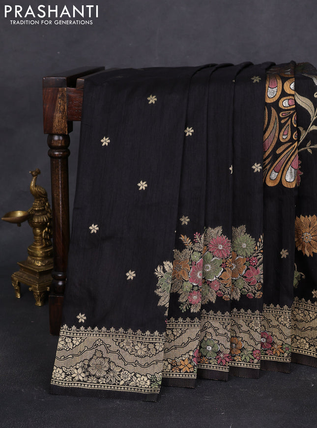 Semi raw silk saree black and allover jamdhani weaves and zari woven border