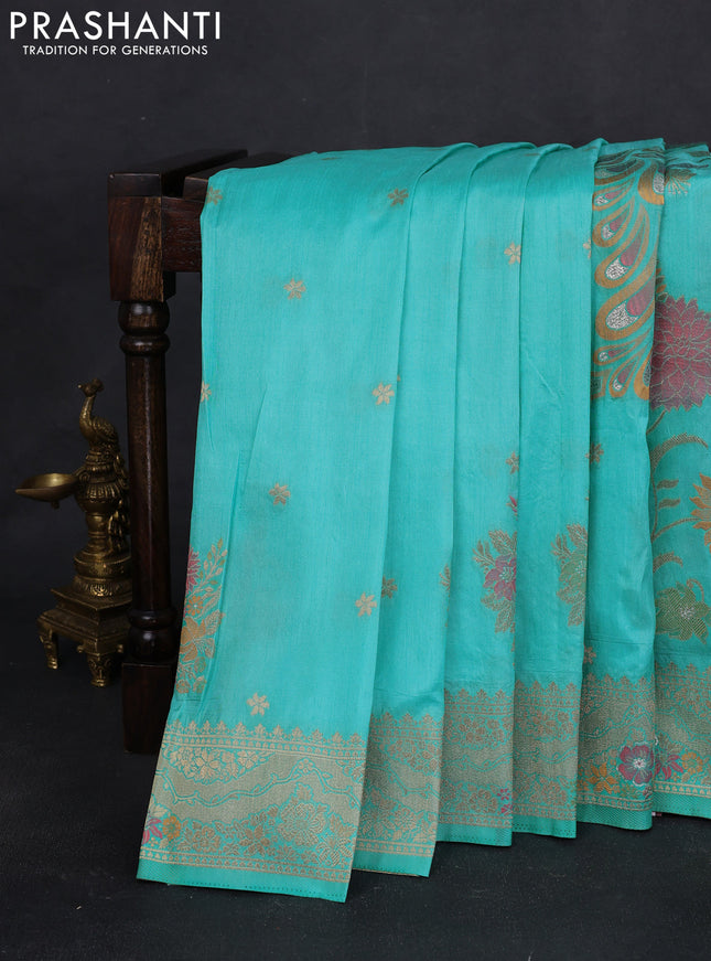 Semi raw silk saree teal blue and allover jamdhani weaves and zari woven border