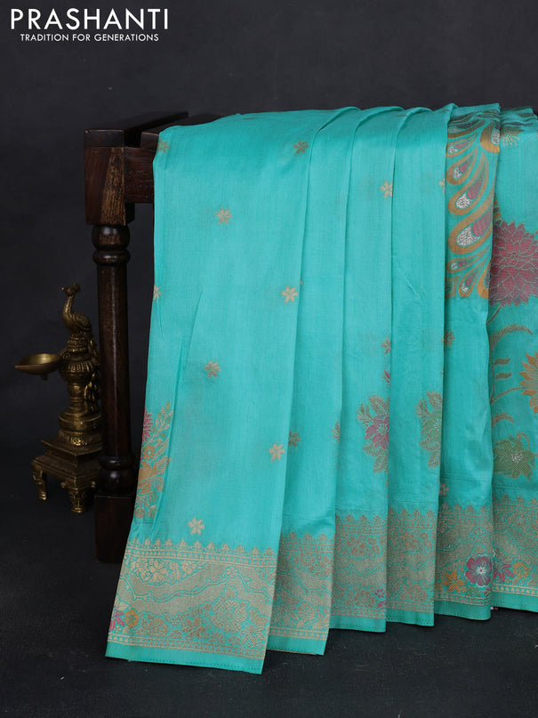 Semi raw silk saree teal blue and allover jamdhani weaves and zari woven border