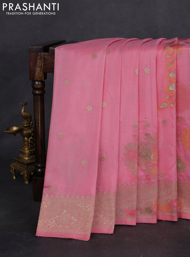 Semi raw silk saree peach pink and allover jamdhani weaves and zari woven border