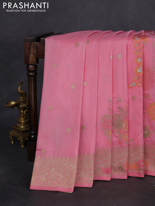 Semi raw silk saree peach pink and allover jamdhani weaves and zari woven border