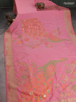 Semi raw silk saree peach pink and allover jamdhani weaves and zari woven border
