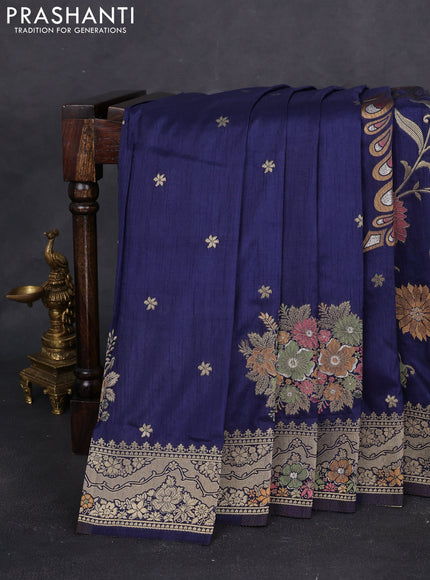 Semi raw silk saree navy blue and allover jamdhani weaves and zari woven border