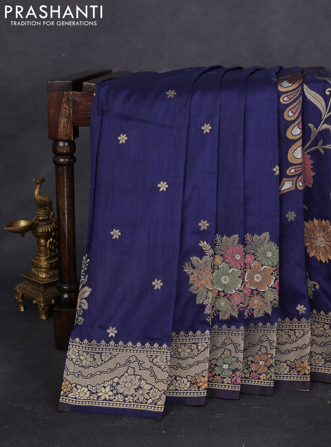 Semi raw silk saree navy blue and allover jamdhani weaves and zari woven border