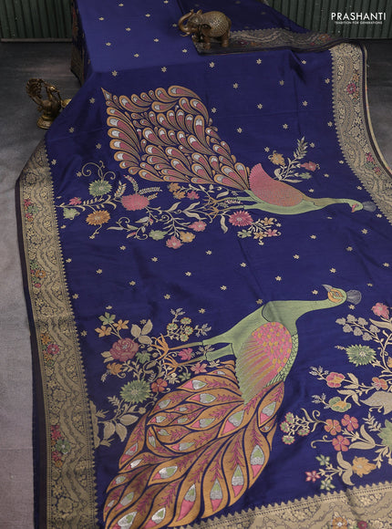 Semi raw silk saree navy blue and allover jamdhani weaves and zari woven border