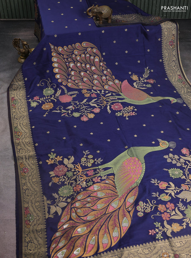 Semi raw silk saree navy blue and allover jamdhani weaves and zari woven border
