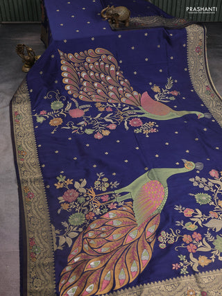 Semi raw silk saree navy blue and allover jamdhani weaves and zari woven border