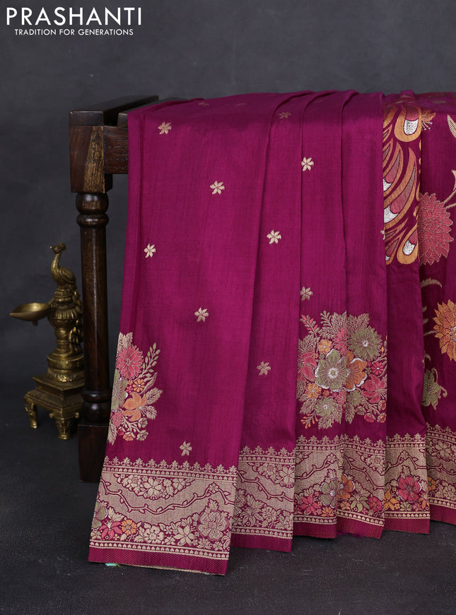 Semi raw silk saree dark magenta pink and allover jamdhani weaves and zari woven border