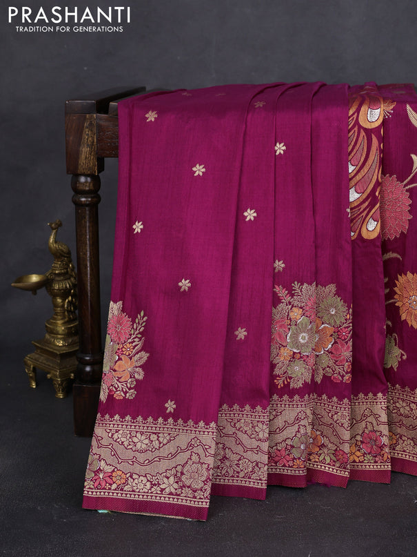 Semi raw silk saree dark magenta pink and allover jamdhani weaves and zari woven border