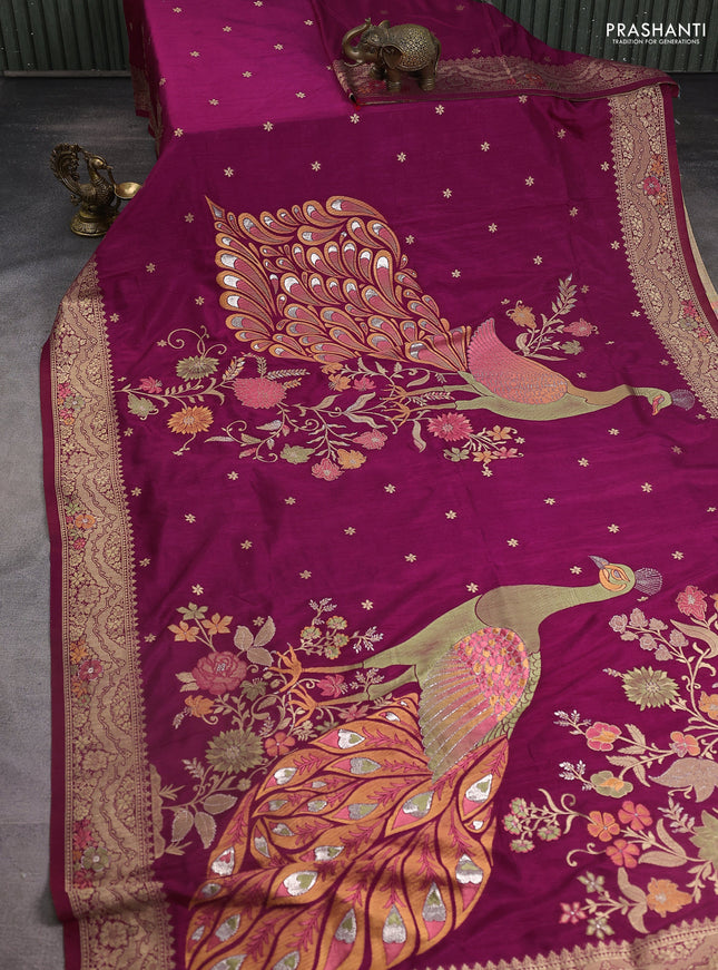 Semi raw silk saree dark magenta pink and allover jamdhani weaves and zari woven border