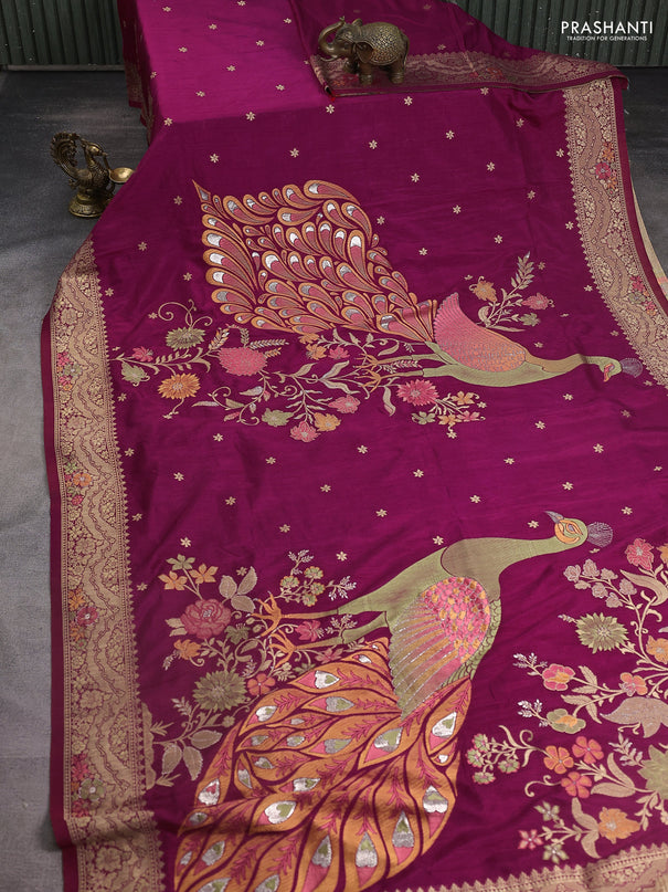 Semi raw silk saree dark magenta pink and allover jamdhani weaves and zari woven border