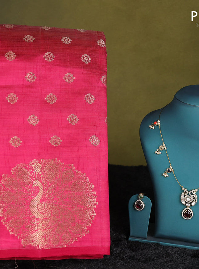 Pink raw silk saree with matching Neck piece