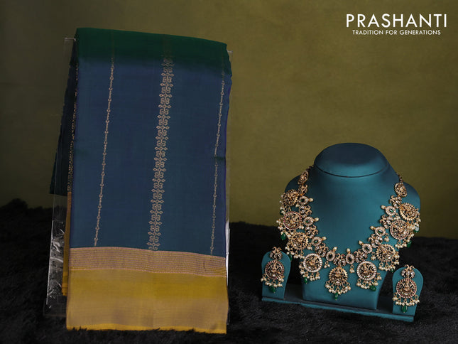 Dual shade of green-Mehendi green kanchipuram silk saree with matching neck piece