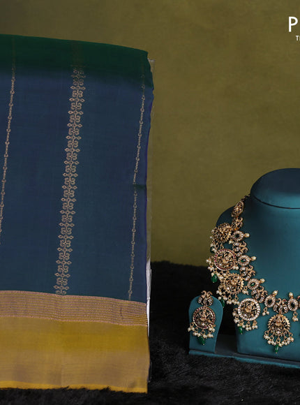 Dual shade of green-Mehendi green kanchipuram silk saree with matching neck piece