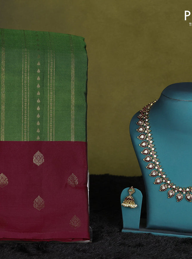 Green-Maroon Kanchipuram silk saree with matching Neck piece