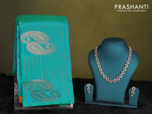 Teal Green-Mustard Yellow Kanchipuram silk saree with matching Neck piece