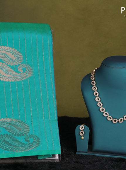 Teal Green-Mustard Yellow Kanchipuram silk saree with matching Neck piece