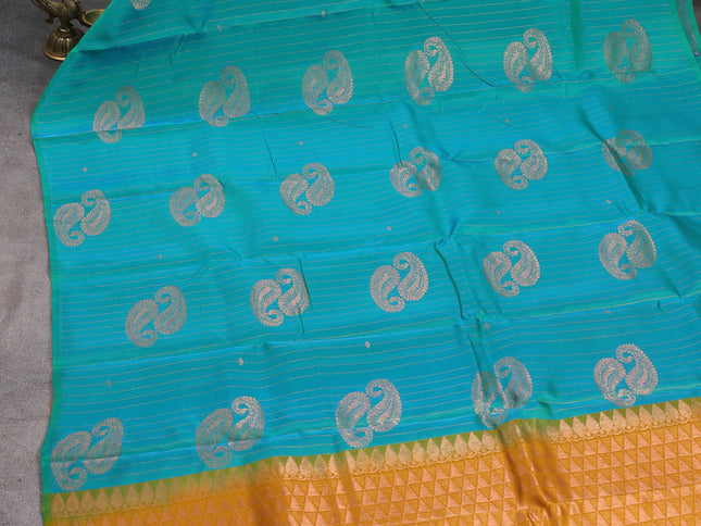 Teal Green-Mustard Yellow Kanchipuram silk saree with matching Neck piece
