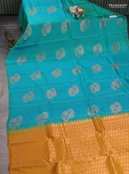 Teal Green-Mustard Yellow Kanchipuram silk saree with matching Neck piece
