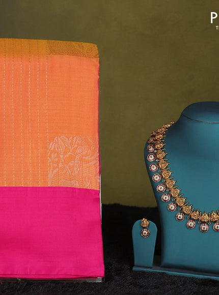 Sunset orange-Pink kanchipuram silk saree with matching matching Neck piece