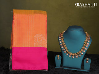 Sunset orange-Pink kanchipuram silk saree with matching matching Neck piece