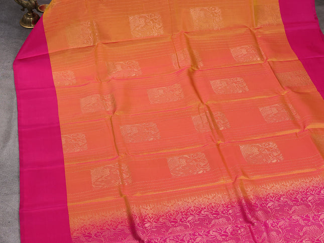 Sunset orange-Pink kanchipuram silk saree with matching matching Neck piece