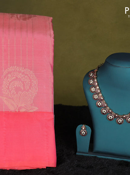 Pastel pink-Peach pink kanchipuram silk saree with matching neck piece