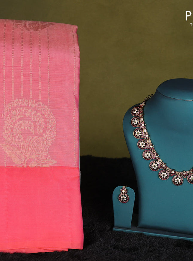 Pastel pink-Peach pink kanchipuram silk saree with matching neck piece