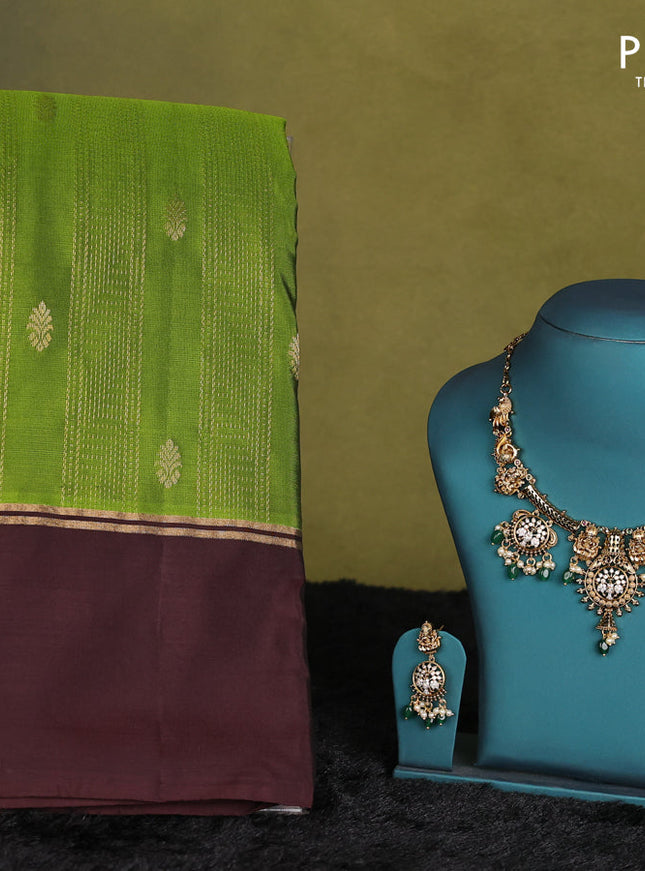 Green-Coffee brown kanchipuram silk saree with matching antique necklace