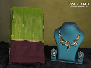 Green-Coffee brown kanchipuram silk saree with matching antique necklace