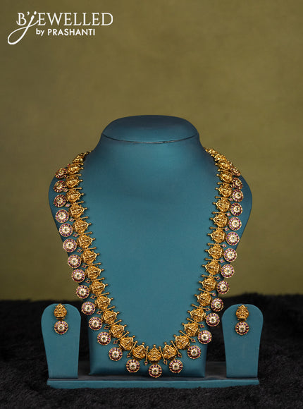 Blue Kanchipuram silk saree with matching maanga design antique haaram