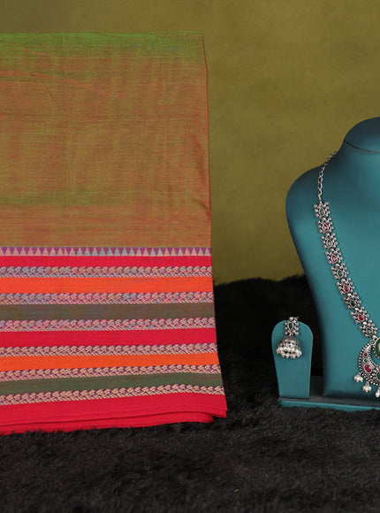 Dual shade of green narayanpet cotton saree with matching neck piece