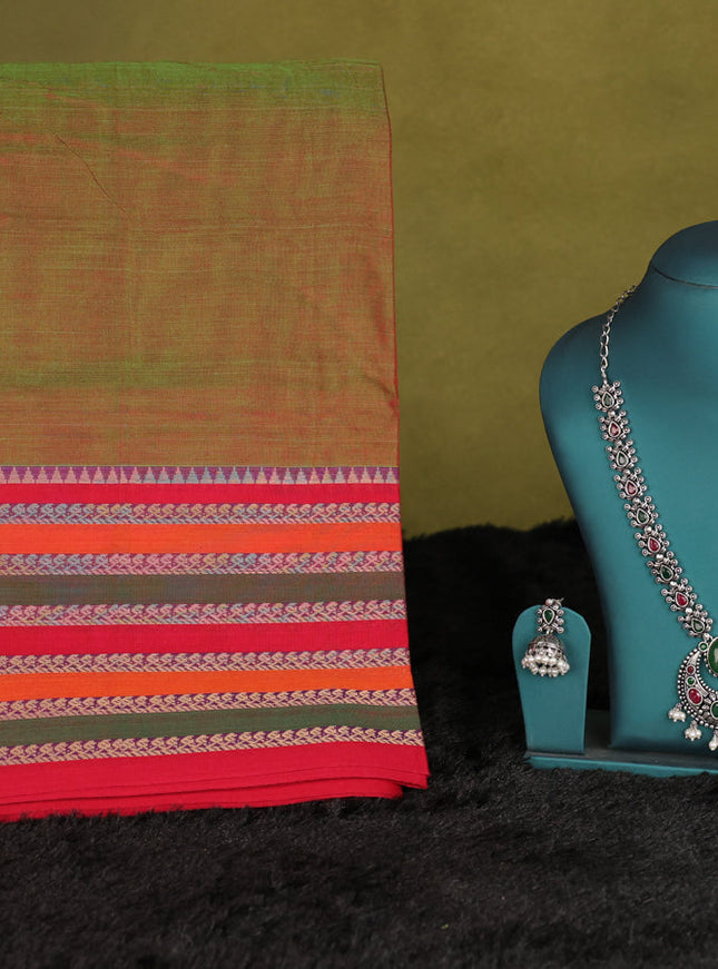 Dual shade of green narayanpet cotton saree with matching neck piece
