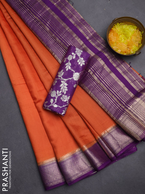 Semi mangalgiri saree orange and purple with plain body and zari woven border