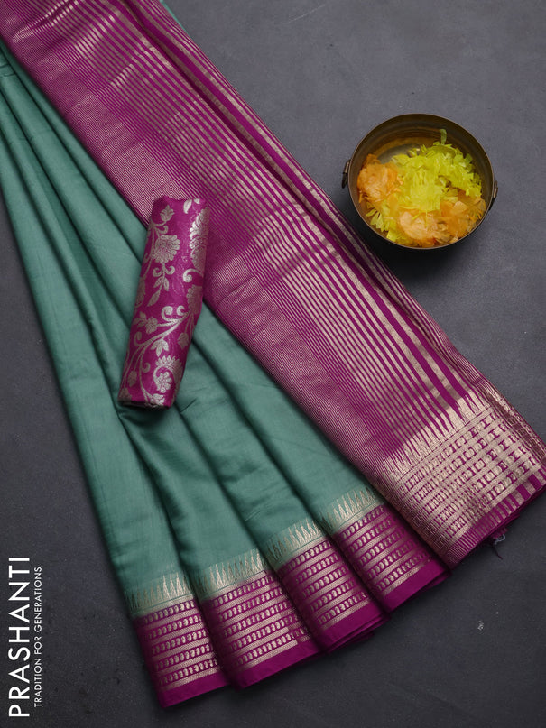 Semi mangalgiri saree pastel green and purple with plain body and zari woven border