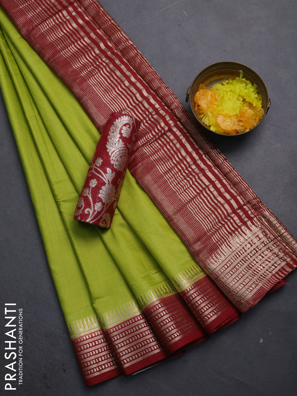 Semi mangalgiri saree light green and maroon with plain body and zari woven border