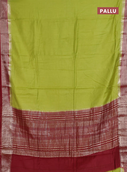 Semi mangalgiri saree light green and maroon with plain body and zari woven border