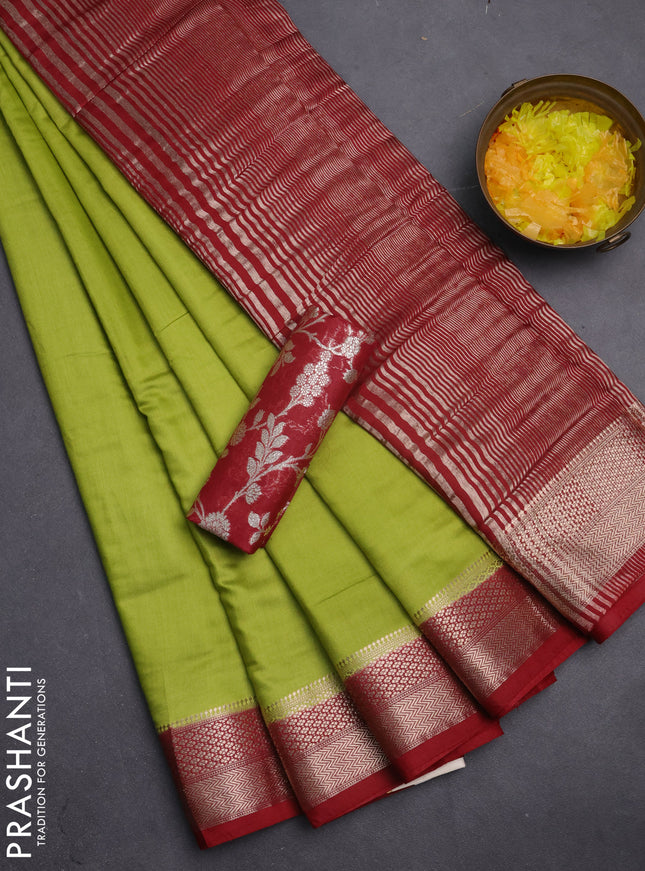 Semi mangalgiri saree light green and maroon with plain body and zari woven border