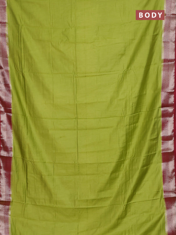 Semi mangalgiri saree light green and maroon with plain body and zari woven border