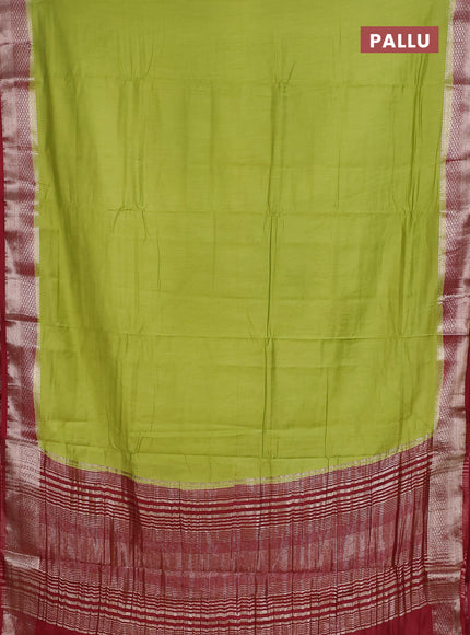 Semi mangalgiri saree light green and maroon with plain body and zari woven border