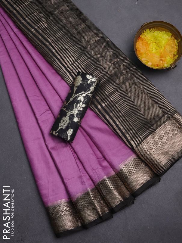 Semi mangalgiri saree lavender and black with plain body and zari woven border