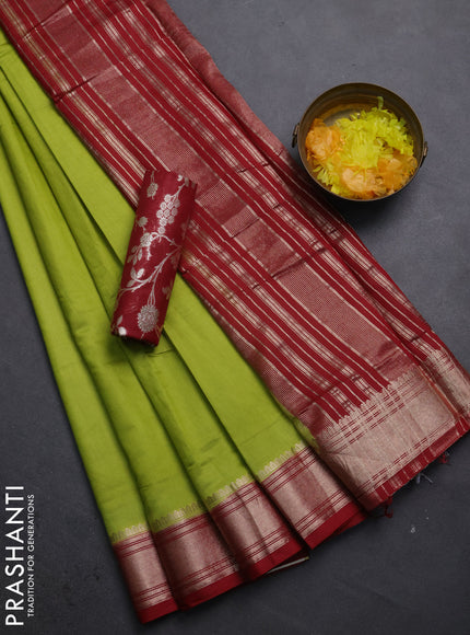 Semi mangalgiri saree light green and maroon with plain body and zari woven border