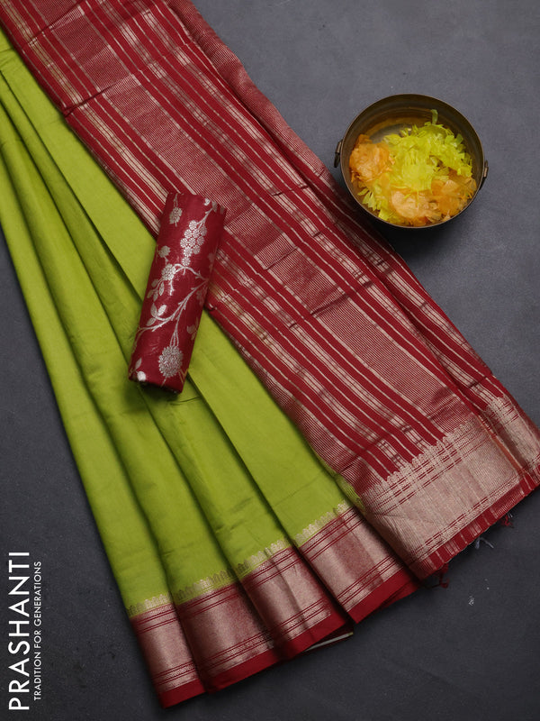 Semi mangalgiri saree light green and maroon with plain body and zari woven border