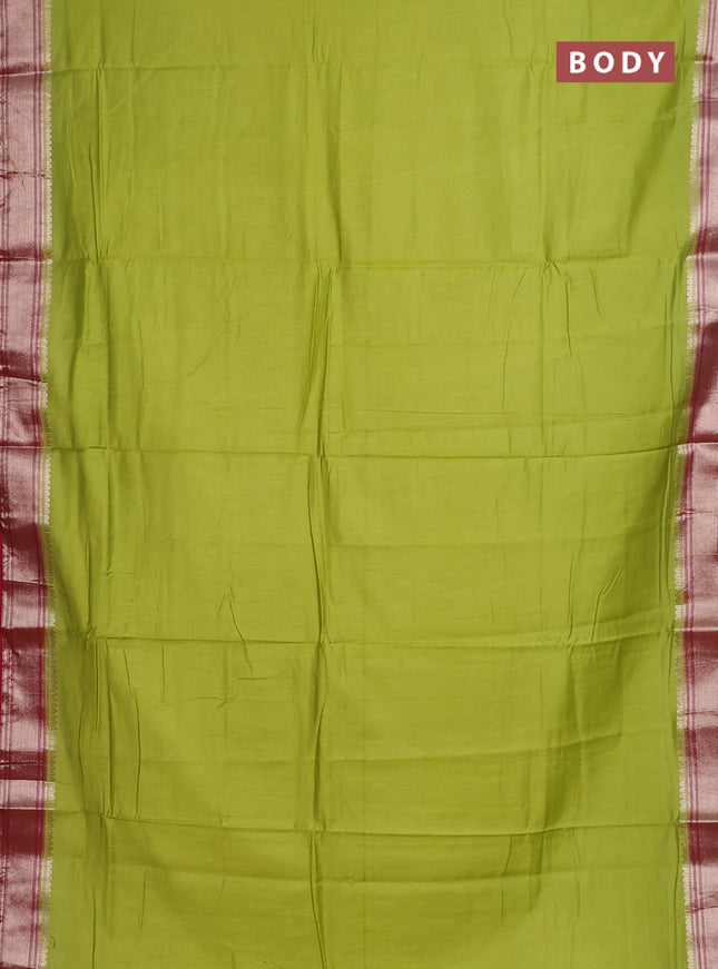 Semi mangalgiri saree light green and maroon with plain body and zari woven border