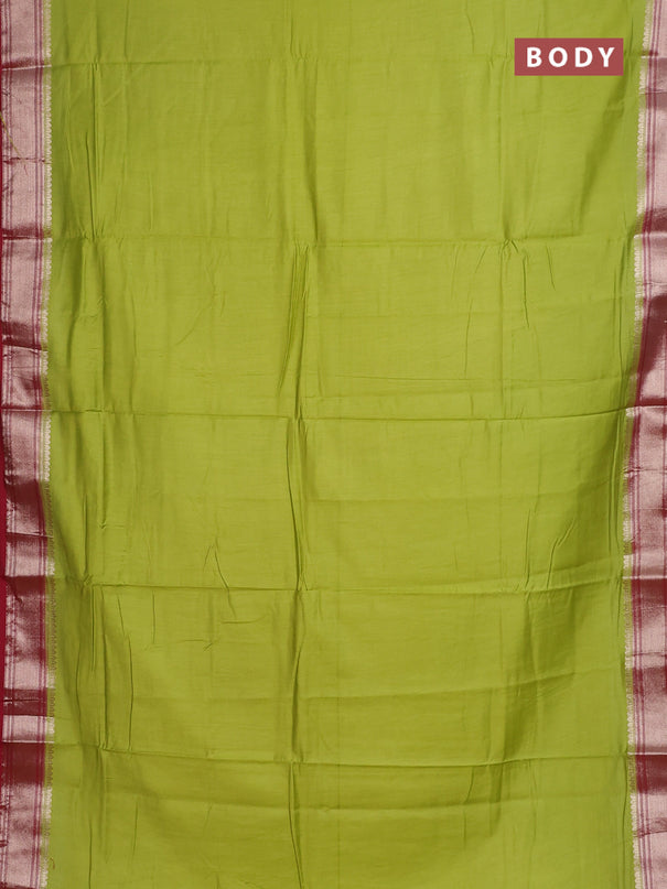 Semi mangalgiri saree light green and maroon with plain body and zari woven border