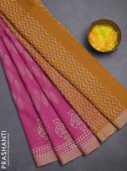 Kota silk cotton saree pink and dark mustard with block prints and long printed border
